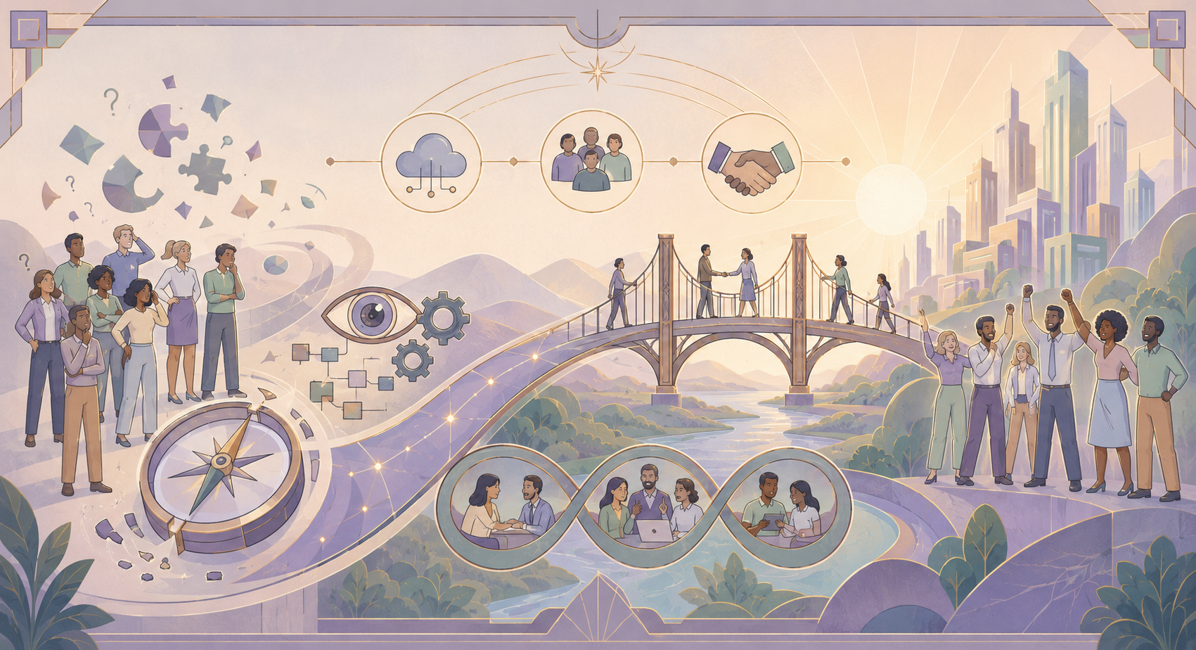 People crossing a bridge from uncertainty toward shared understanding and opportunity