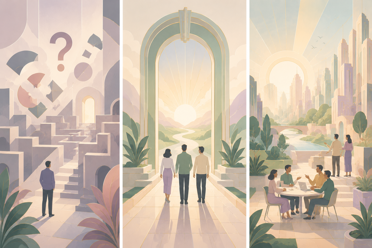 Art Deco triptych from uncertainty through a shared gateway to a flourishing future