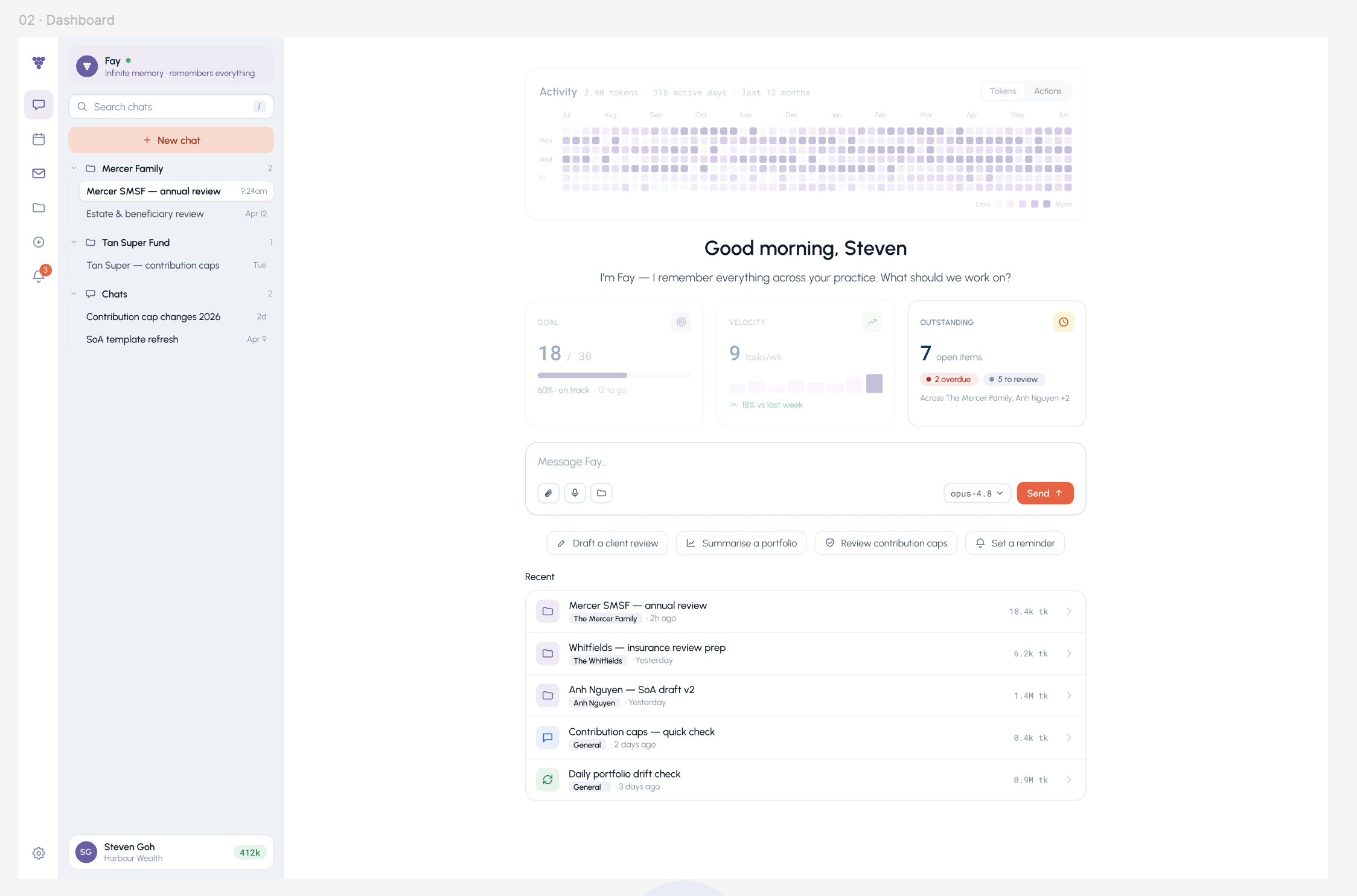 Fay workspace showing client work and priorities