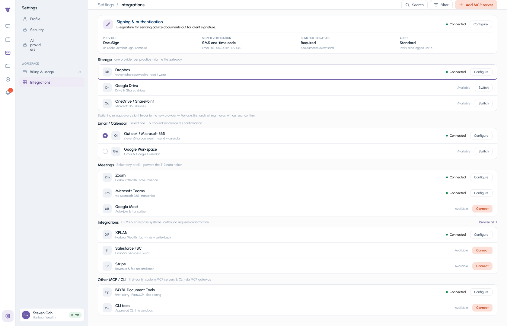 Fay's integration settings showing XPLAN, storage, email, calendar, meeting and document connections